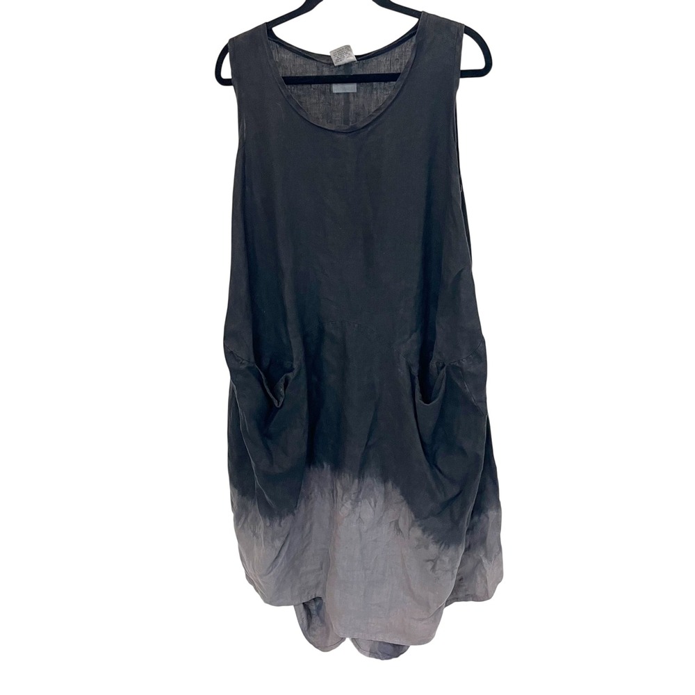 Luna Luz Black Grey Ombre Linen Cocoon Bubble Hem‎ Midi Dress Pockets - Size XS